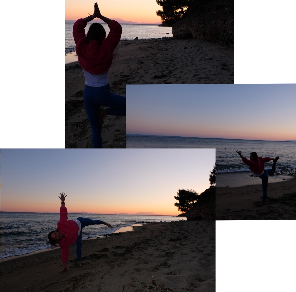 Collage of various yoga pictures on the beach
